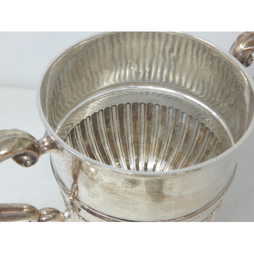 323 - Large Edwardian Twin Handled Silver Trophy Cup & Cover with Military Inscription: Hallmarked Birming... 