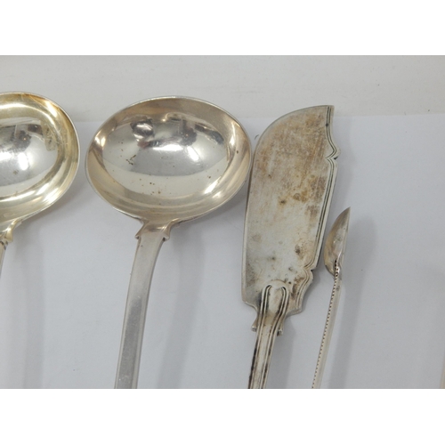 332 - Group of William IV & Victorian Silver Including Sauce Ladles, Tongs, Butter Knife & Sifter Spoon: V... 