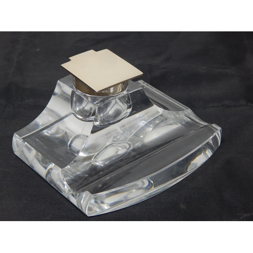 340 - Art Deco Silver Mounted Clear Glass Inkwell with Pen Rest: Hallmarked Birmingham 1938 by John Grinse... 