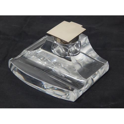 340 - Art Deco Silver Mounted Clear Glass Inkwell with Pen Rest: Hallmarked Birmingham 1938 by John Grinse... 