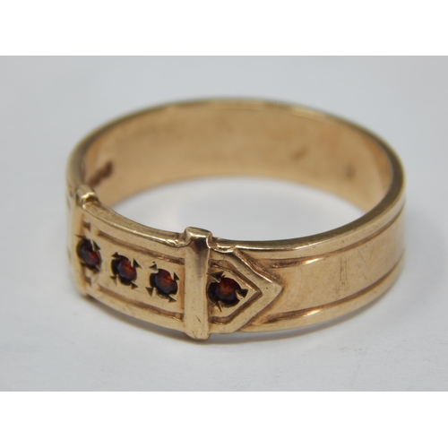 349 - Gentleman's Large 9ct Yellow Gold Buckle Ring Set with Garnets: Size Z: Weight 6.31g