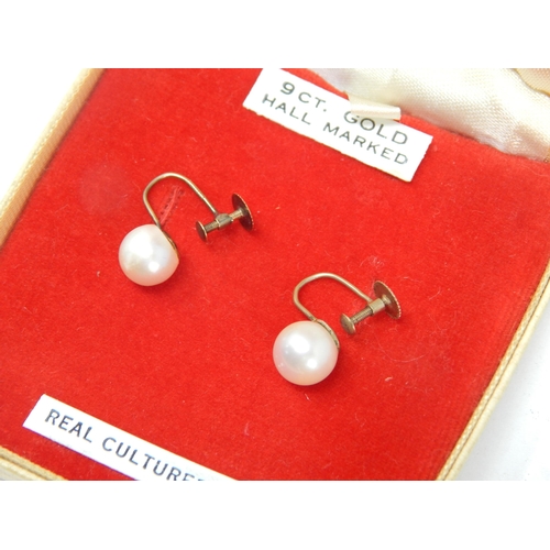 372 - A Pair of 9ct Yellow Gold Cultured Pearl Earrings In Fitted Case.