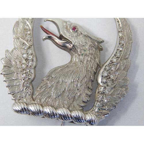 375 - 18ct White Gold Brooch Formed as a Phoenix Set with Diamond Encrusted Wings & a Ruby Eye: Measures 3... 