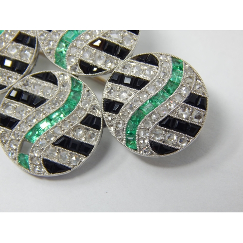 377 - Art Deco Diamond, Emerald & Sapphire Set Brooch Set in Unmarked White Metal: Measures 40mm x 28mm: G... 