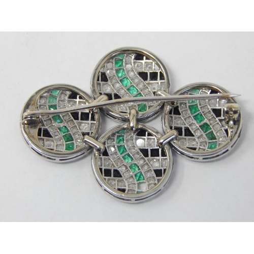 377 - Art Deco Diamond, Emerald & Sapphire Set Brooch Set in Unmarked White Metal: Measures 40mm x 28mm: G... 