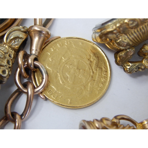 381 - Heavy 9ct Yellow Gold Charm Bracelet with attached 22ct Gold One Pond Coin 1898: 11 x Seal Fobs & Ba... 