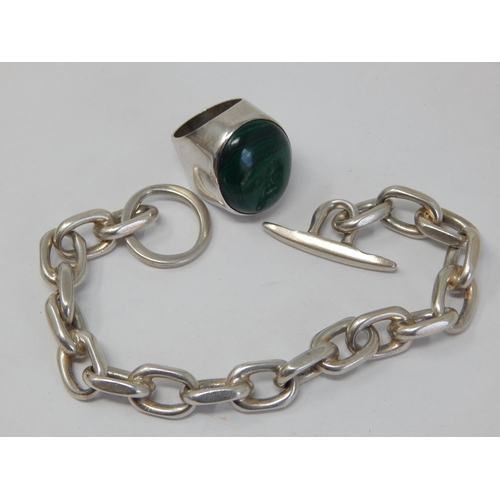 Heavy Danish Sterling Silver Bracelet together with a Large Sterling Silver Malachite Set Ring: Gross weight 90g
