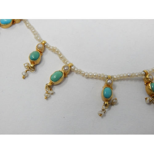 403 - Victorian/Edwardian Gold & Pearl Fringe Necklace Set with Pearls & Turquoise cabochons.