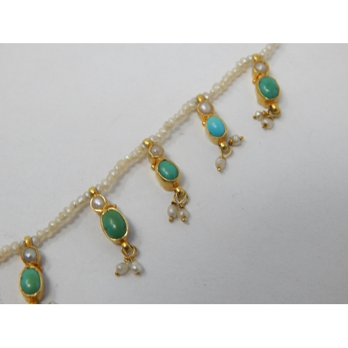 403 - Victorian/Edwardian Gold & Pearl Fringe Necklace Set with Pearls & Turquoise cabochons.