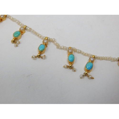 403 - Victorian/Edwardian Gold & Pearl Fringe Necklace Set with Pearls & Turquoise cabochons.