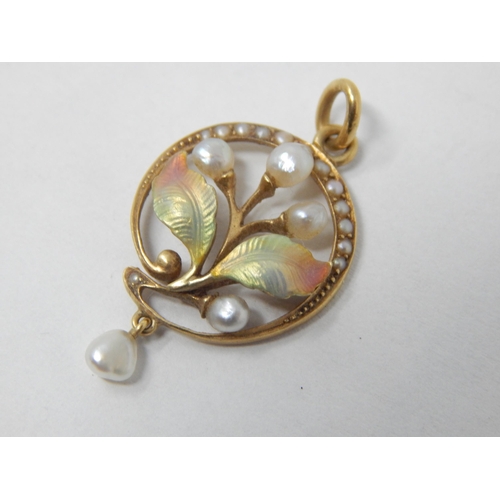 404 - 15ct Yellow Gold Pendant with a central Flower design with enamel leaves & pearl flower heads. The l... 