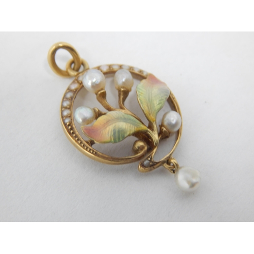 404 - 15ct Yellow Gold Pendant with a central Flower design with enamel leaves & pearl flower heads. The l... 