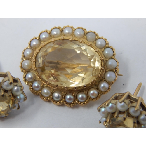 406 - 9ct Yellow Gold Brooch Set with a Central Citrine within a pearl border together with a similar pair... 