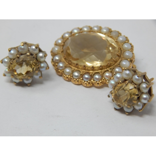 406 - 9ct Yellow Gold Brooch Set with a Central Citrine within a pearl border together with a similar pair... 