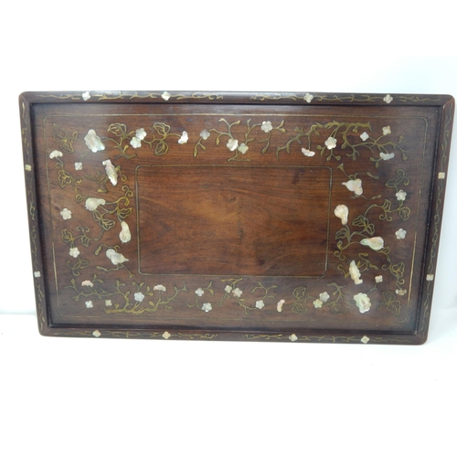 591 - 19th Century Indian Hardwood Tray with Brass & Mother of Pearl Inlay depicting flowers: Measuring 59... 