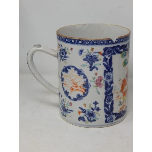 597 - 18th Century Chinese Porcelain Tankard: Height 14cm A/F