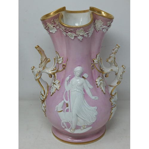 598 - Large 19th Century Pink Ground Vase with Branch Handles, Gilded Rims & Applied Portraits of Diana Th... 