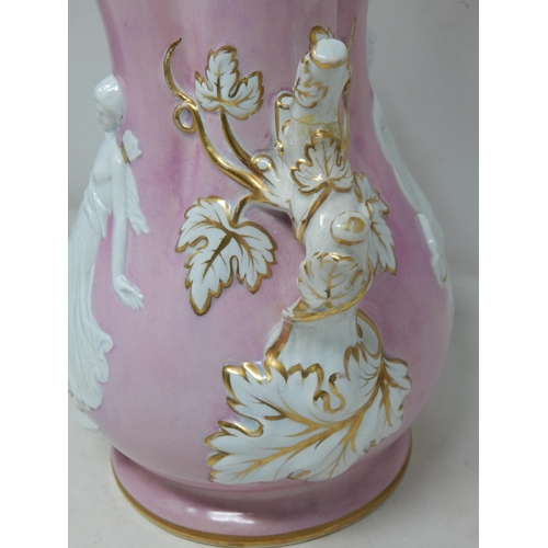 598 - Large 19th Century Pink Ground Vase with Branch Handles, Gilded Rims & Applied Portraits of Diana Th... 