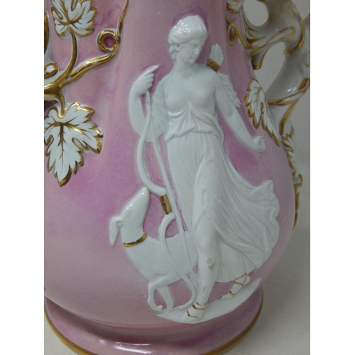 598 - Large 19th Century Pink Ground Vase with Branch Handles, Gilded Rims & Applied Portraits of Diana Th... 