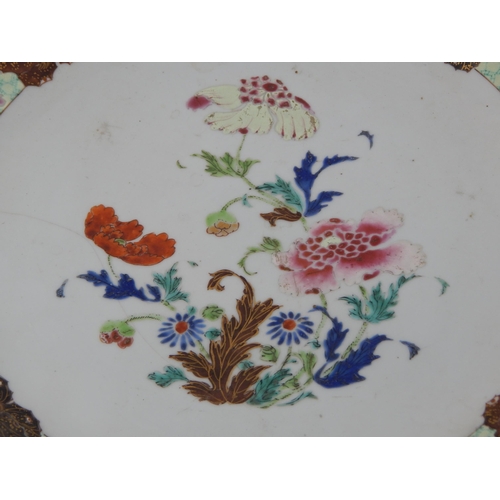 601 - 18th Century Chinese Porcelain Dished Plate with Enamel Butterflies & Floral Decoration: Measures 26... 