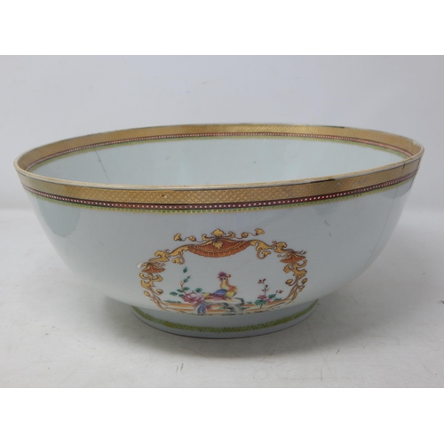 603 - 19th Century Chinese Bowl with painted cartouches of birds: Measures 29cm diameter x 12cm high A/F