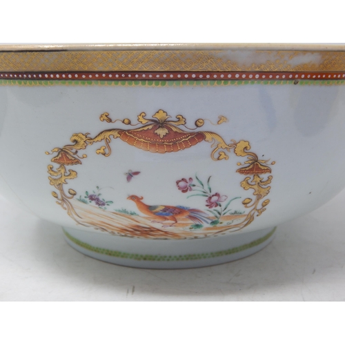 603 - 19th Century Chinese Bowl with painted cartouches of birds: Measures 29cm diameter x 12cm high A/F