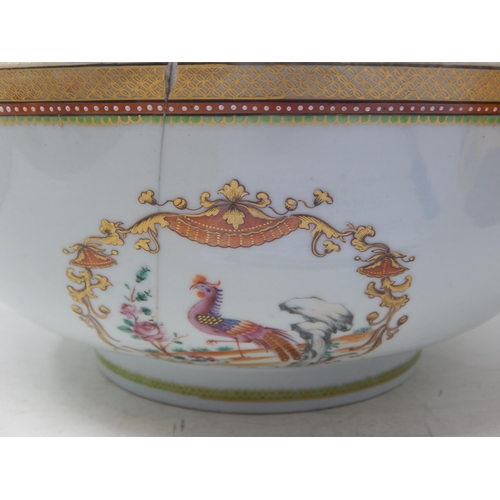 603 - 19th Century Chinese Bowl with painted cartouches of birds: Measures 29cm diameter x 12cm high A/F