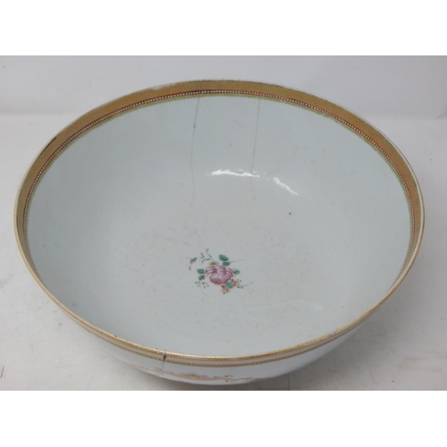 603 - 19th Century Chinese Bowl with painted cartouches of birds: Measures 29cm diameter x 12cm high A/F