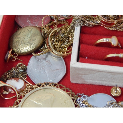 38 - Vintage jewellery box containing a large selection of gold coloured jewellery, a cameo rings, etc