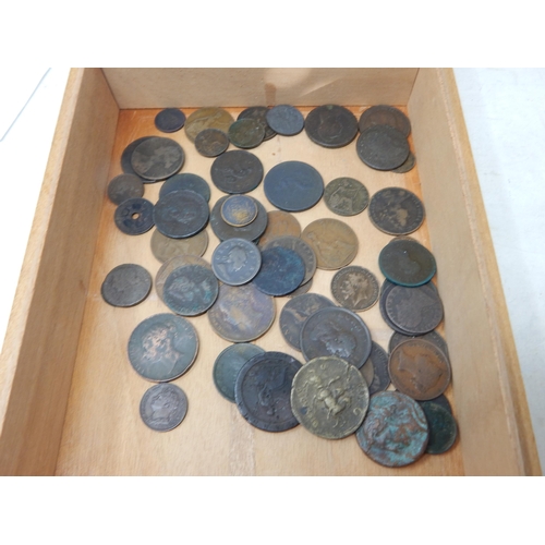 68 - Vintage cigar box containing a broad range of early Copper coinage to include George III 1819 Sixpen... 