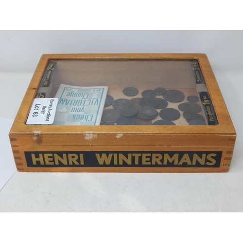 68 - Vintage cigar box containing a broad range of early Copper coinage to include George III 1819 Sixpen... 