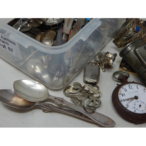 67 - Pair of Silver spoons test as 75% weight 57.88g; large assortment of Silver plate, a pocket watch (a... 