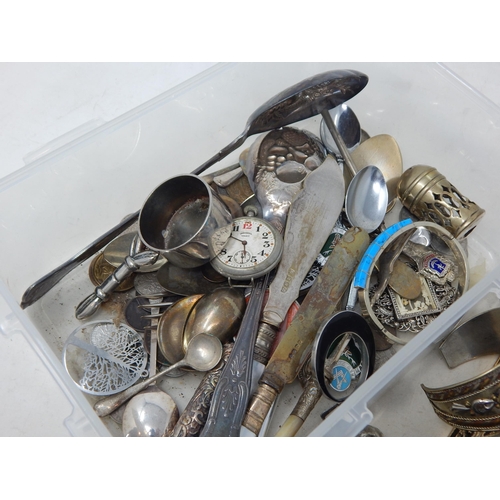 67 - Pair of Silver spoons test as 75% weight 57.88g; large assortment of Silver plate, a pocket watch (a... 