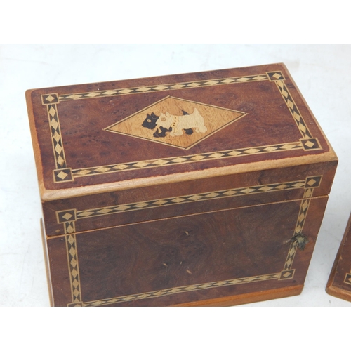 605 - A Pair of Irish Wooden Card Boxes Inlaid with Scottie Dogs & Penguins