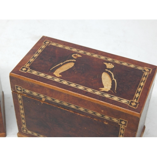 605 - A Pair of Irish Wooden Card Boxes Inlaid with Scottie Dogs & Penguins