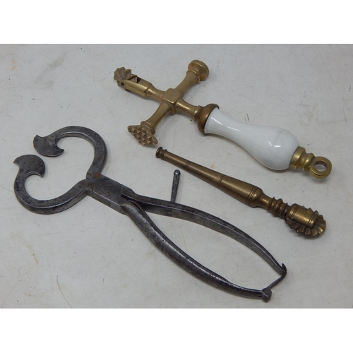 617 - A Pair of Large Antique Steel Sugar Cutters together with two leather working tools.