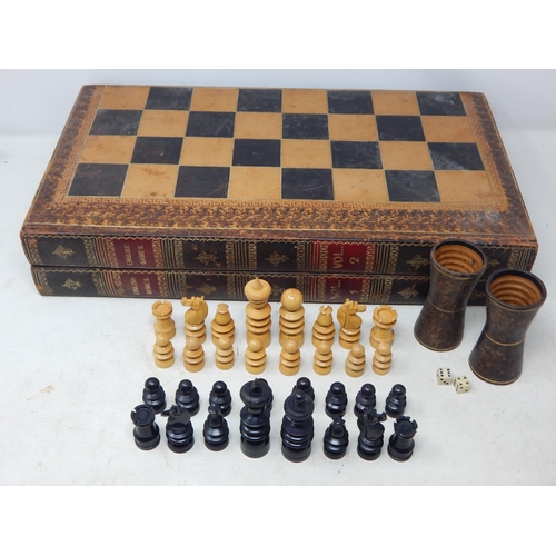 622 - Chess Set (complete), Board Crafted as Two Book Volumes with Inner Backgammon Board with Dice & Shak... 