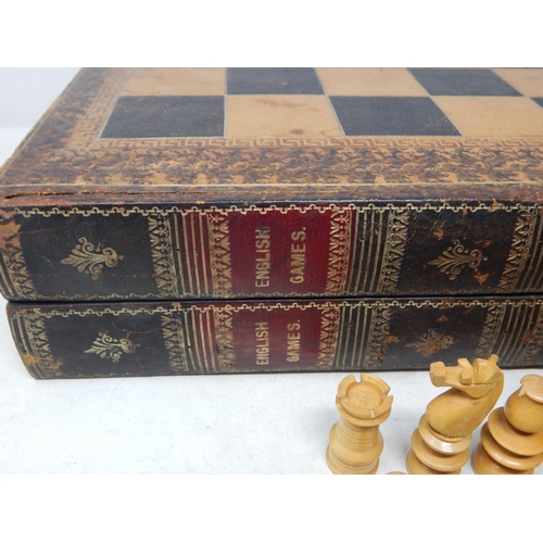 622 - Chess Set (complete), Board Crafted as Two Book Volumes with Inner Backgammon Board with Dice & Shak... 