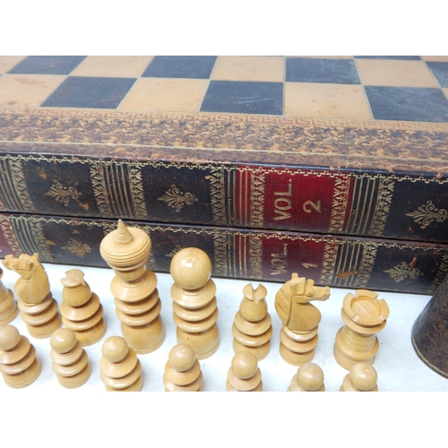 622 - Chess Set (complete), Board Crafted as Two Book Volumes with Inner Backgammon Board with Dice & Shak... 