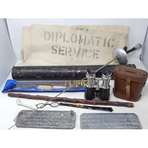 623 - A Mixed Lot Including H.M Military Diplomatic Service Bags (2) Swagger Stick, binnoculars, Gun Clean... 