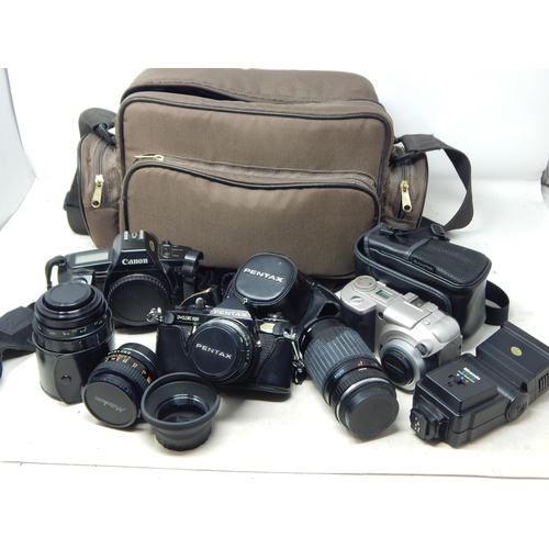 628 - A Quantity of Cameras, Lenses & Accessories Including Canon EOS 650, Pentax ME Super & Fujifilm MX 2... 