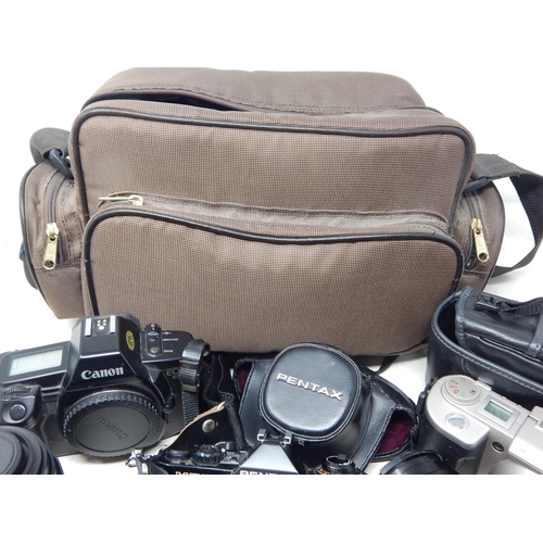 628 - A Quantity of Cameras, Lenses & Accessories Including Canon EOS 650, Pentax ME Super & Fujifilm MX 2... 