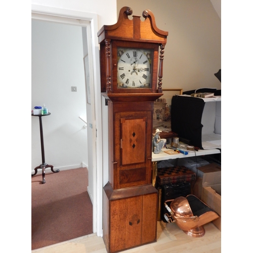 19th Century Longcase Clock with 8 day movement: Painted Dial with subsidiary dials for minutes and date: Complete with pendulum, two weights & key.