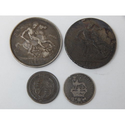 148 - QV 1887 Silver Crown, QV 1897 Silver Crown, KGIII Silver Shilling 1816, KGIV Silver Shilling 1827