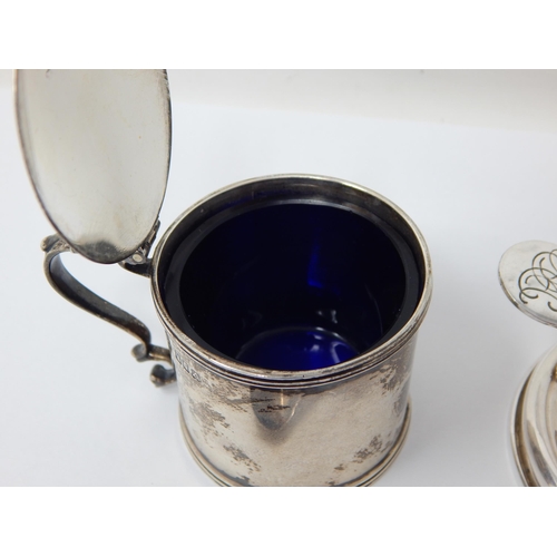 107 - Irish Silver Mustard Pot with Cobalt Blue Glass Liner Hallmarked Dublin 1916 by Wakeley & Wheeler + ... 