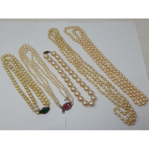 289 - Five Good Vintage Pearl Necklaces with Varying Lengths and Clasps.