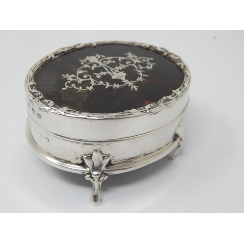 121 - Antique Silver Ring Box with Pique Inlaid Tortoiseshell Hinged Lid: Hallmarked Birmingham 1913 by Ch... 