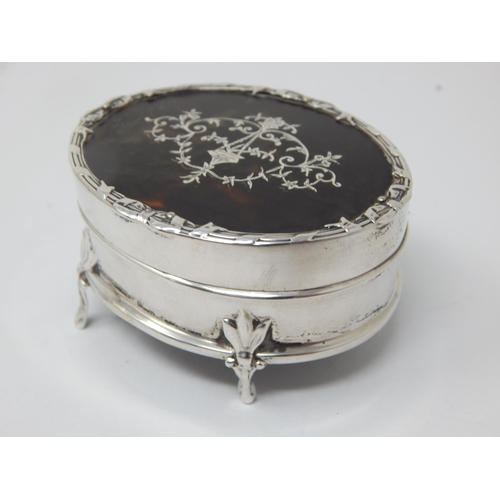 121 - Antique Silver Ring Box with Pique Inlaid Tortoiseshell Hinged Lid: Hallmarked Birmingham 1913 by Ch... 