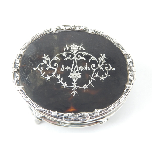 121 - Antique Silver Ring Box with Pique Inlaid Tortoiseshell Hinged Lid: Hallmarked Birmingham 1913 by Ch... 