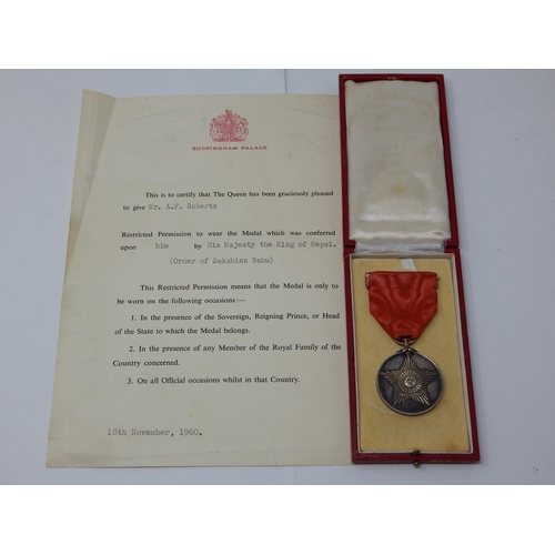 The Order of Dakshina Medal Awarded to "Mr A.F Roberts" by "His Majesty The King of Nepal" together with a Letter from Buckingham Palace Dated 18th November 1960
